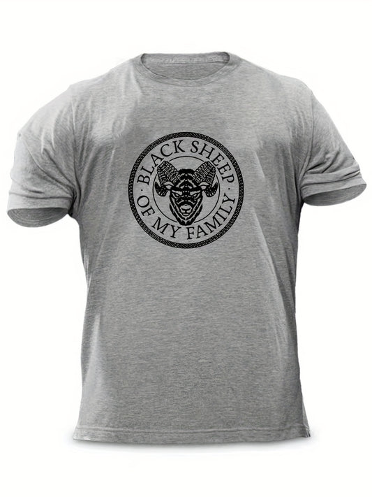 "Black Sheep Of My Family", Men's Sheep Graphic T-shirt, Casual Comfy Slightly Stretch Crew Neck Tee, Men's Clothing For Summer Outdoor - Lena & Miles Exquisite Boutique LLC.