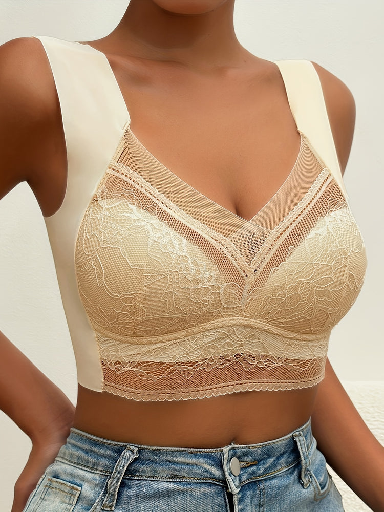 Soft & Comfortable Contrast Lace Wireless Bra, Women&