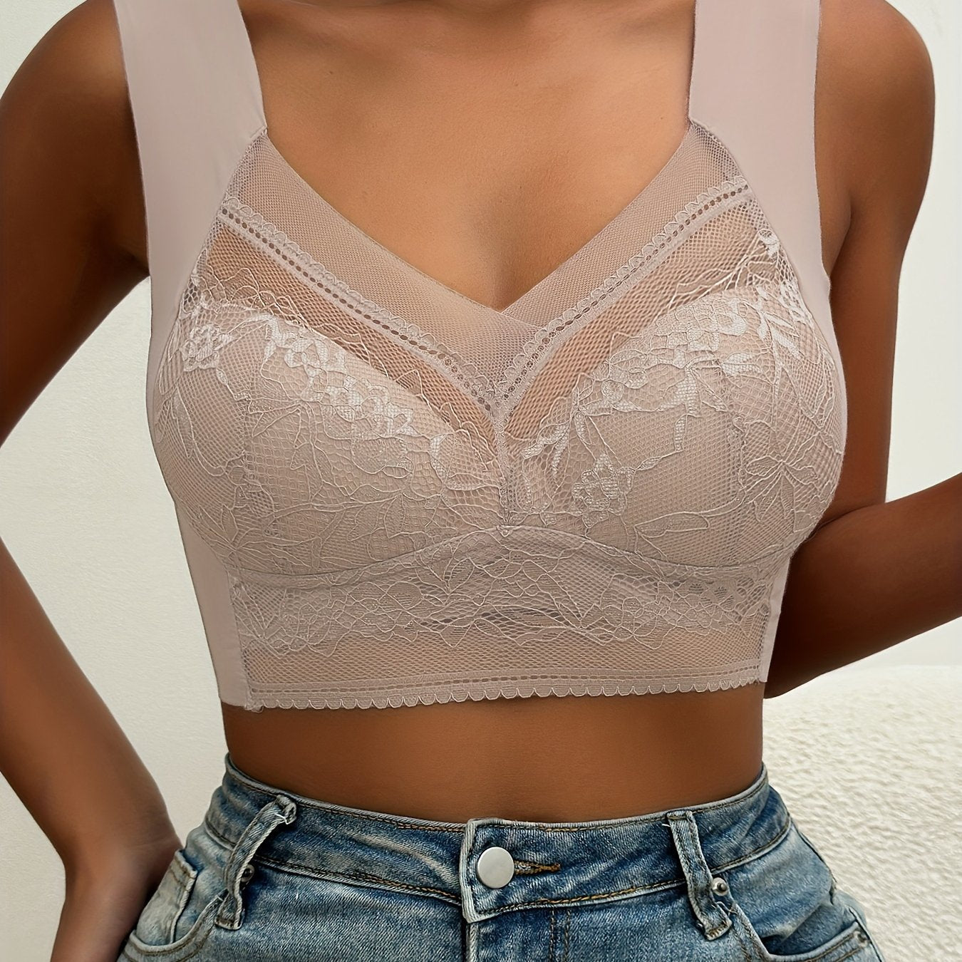 Soft & Comfortable Contrast Lace Wireless Bra, Women&