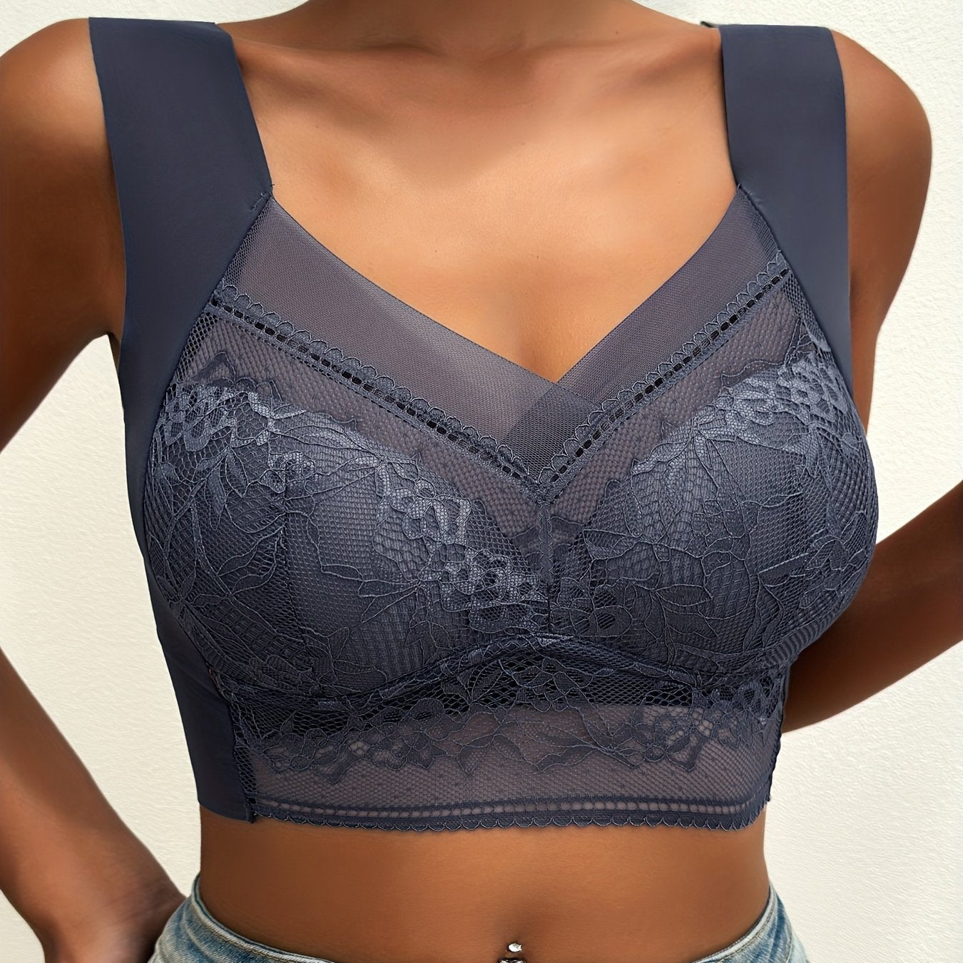 Soft & Comfortable Contrast Lace Wireless Bra, Women&