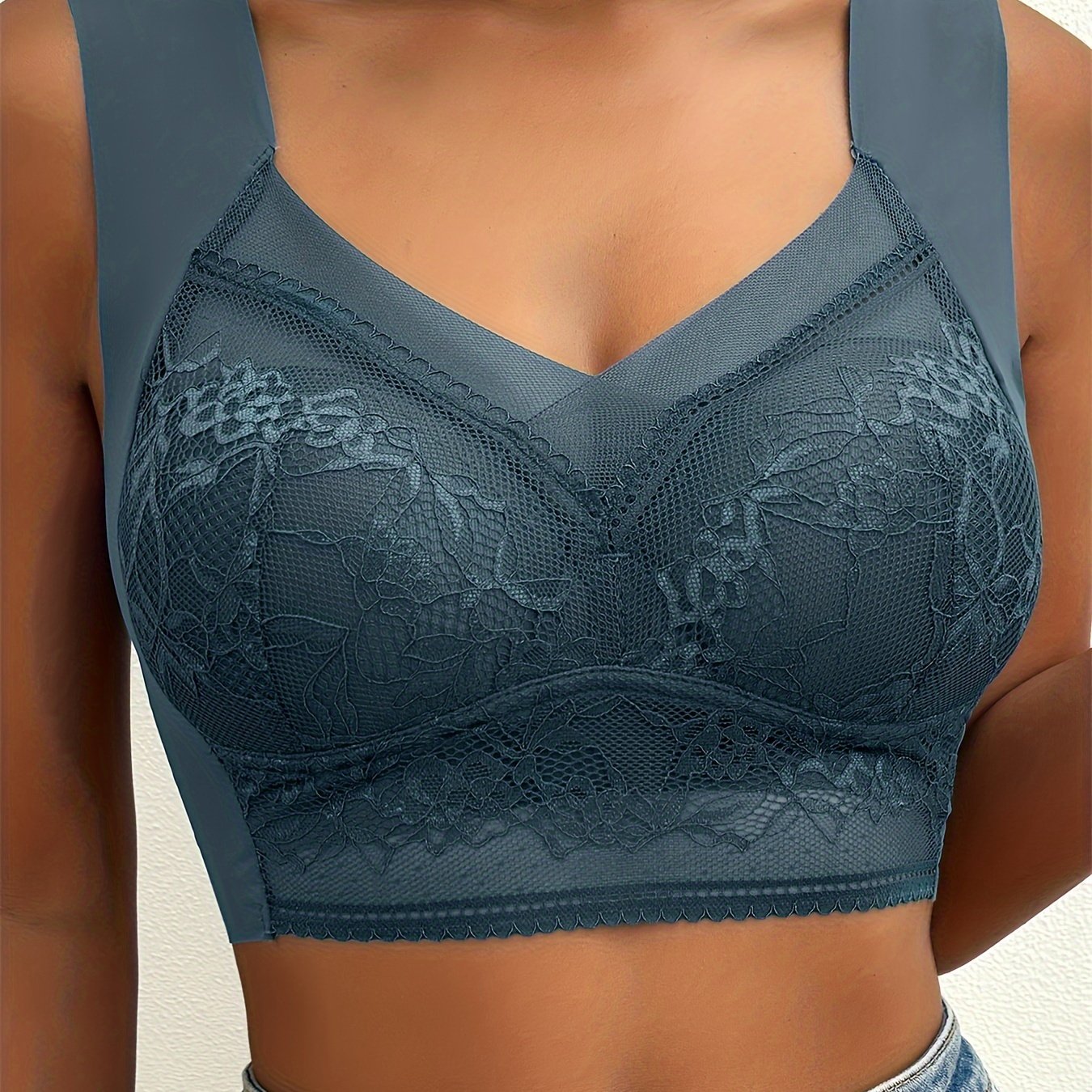 Soft & Comfortable Contrast Lace Wireless Bra, Women&