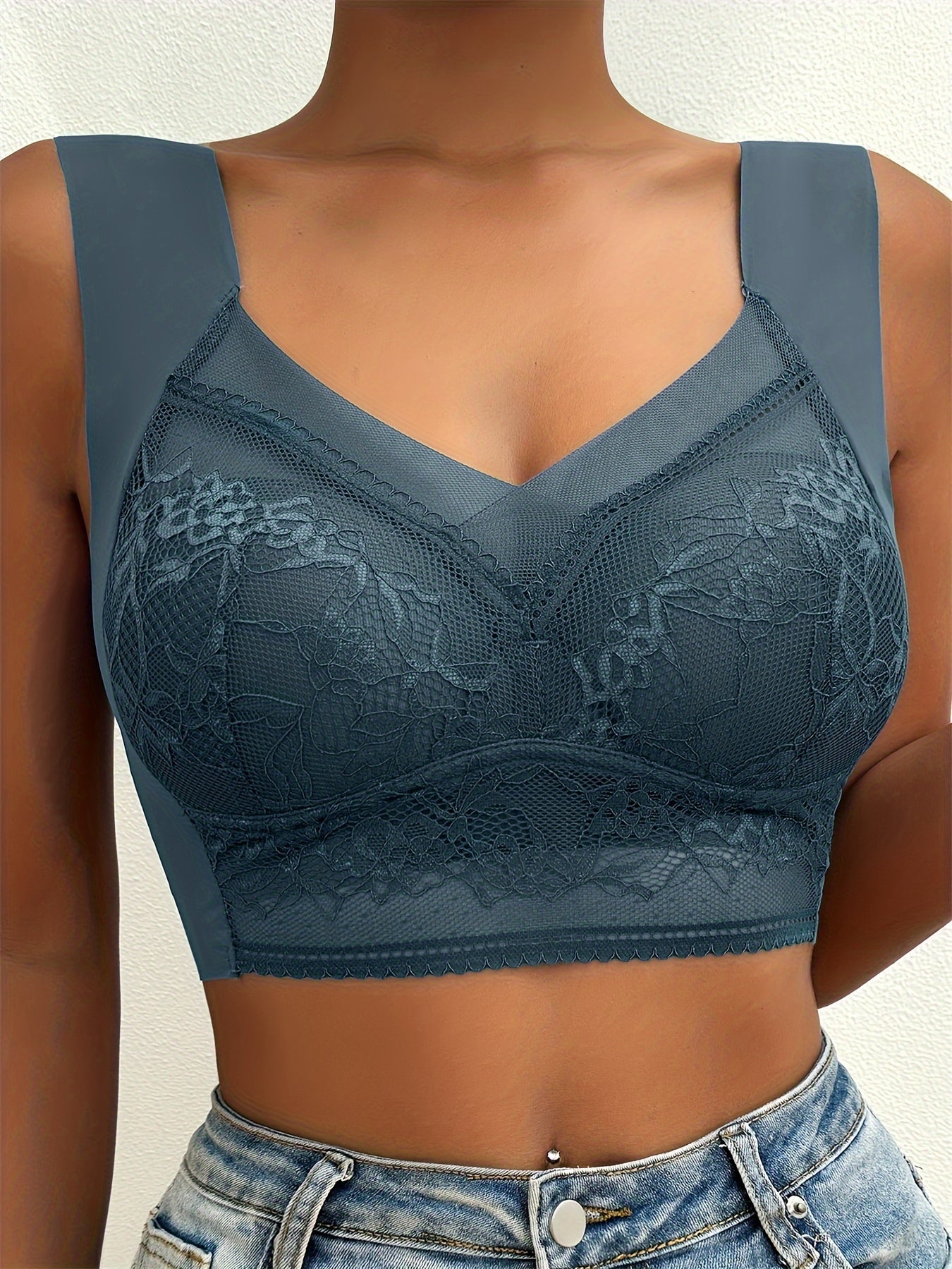 Soft & Comfortable Contrast Lace Wireless Bra, Women&