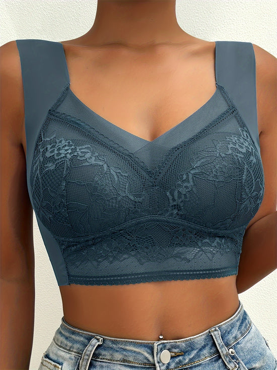 Soft & Comfortable Contrast Lace Wireless Bra, Women&