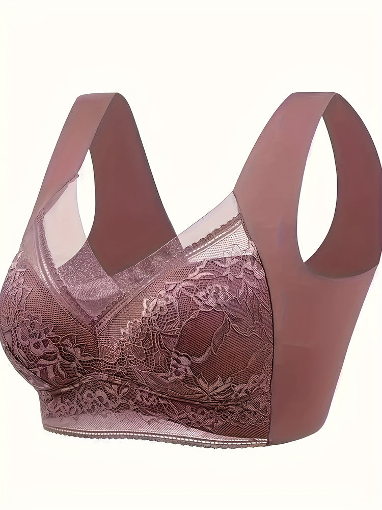 Soft & Comfortable Contrast Lace Wireless Bra, Women&
