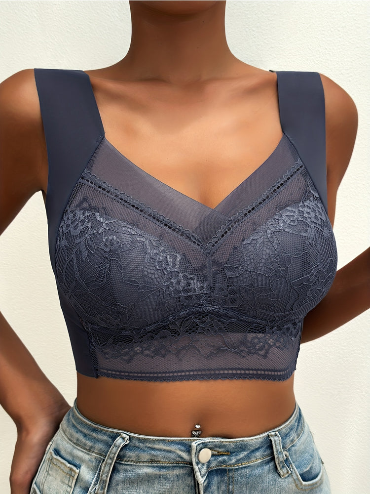 Soft & Comfortable Contrast Lace Wireless Bra, Women&