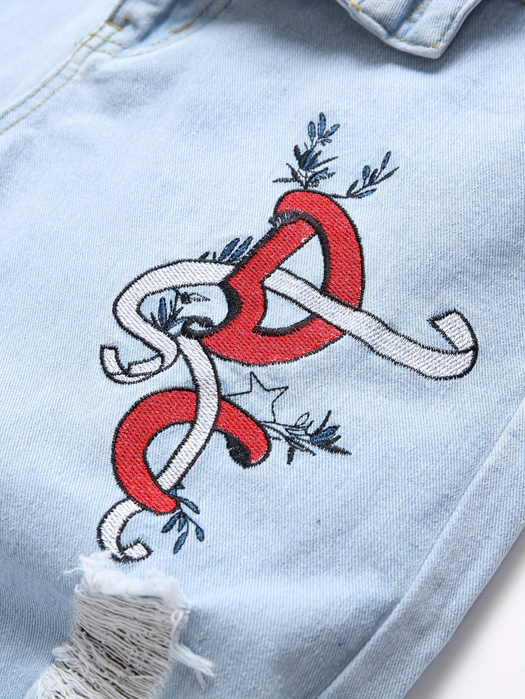 Men Distressed Straight Street Wear Letter&Heart Embroidered Ripped Jeans Casual Slim-fitting Menswear Clothing Denim Men&