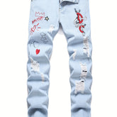 Men Distressed Straight Street Wear Letter&Heart Embroidered Ripped Jeans Casual Slim-fitting Menswear Clothing Denim Men&
