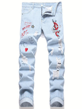 Men Distressed Straight Street Wear Letter&Heart Embroidered Ripped Jeans Casual Slim-fitting Menswear Clothing Denim Men&
