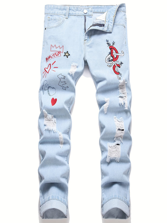 Men Distressed Straight Street Wear Letter&Heart Embroidered Ripped Jeans Casual Slim-fitting Menswear Clothing Denim Men&