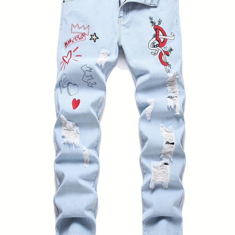 Men Distressed Straight Street Wear Letter&Heart Embroidered Ripped Jeans Casual Slim-fitting Menswear Clothing Denim Men&
