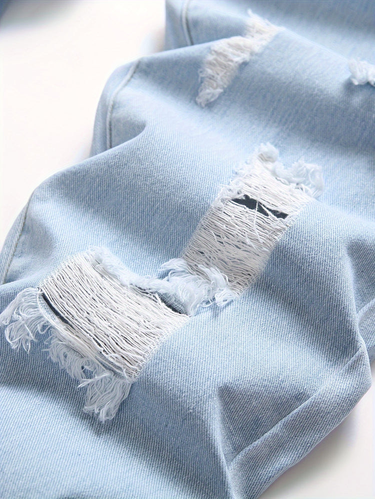 Men Distressed Straight Street Wear Letter&Heart Embroidered Ripped Jeans Casual Slim-fitting Menswear Clothing Denim Men&