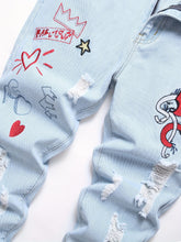 Men Distressed Straight Street Wear Letter&Heart Embroidered Ripped Jeans Casual Slim-fitting Menswear Clothing Denim Men&