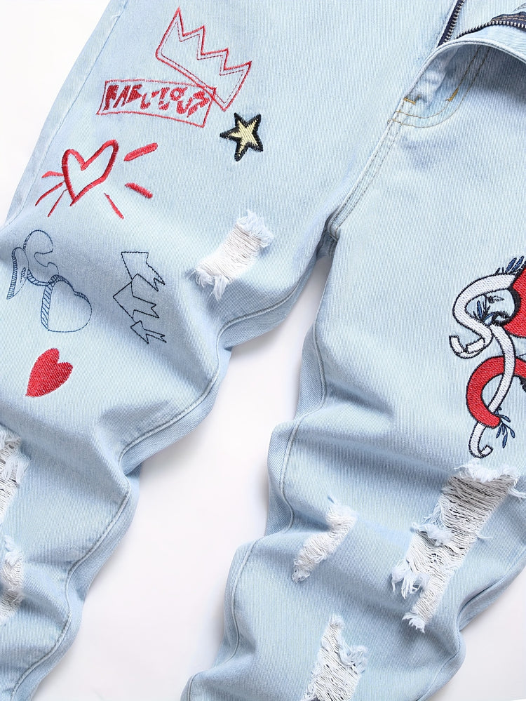 Men Distressed Straight Street Wear Letter&Heart Embroidered Ripped Jeans Casual Slim-fitting Menswear Clothing Denim Men&