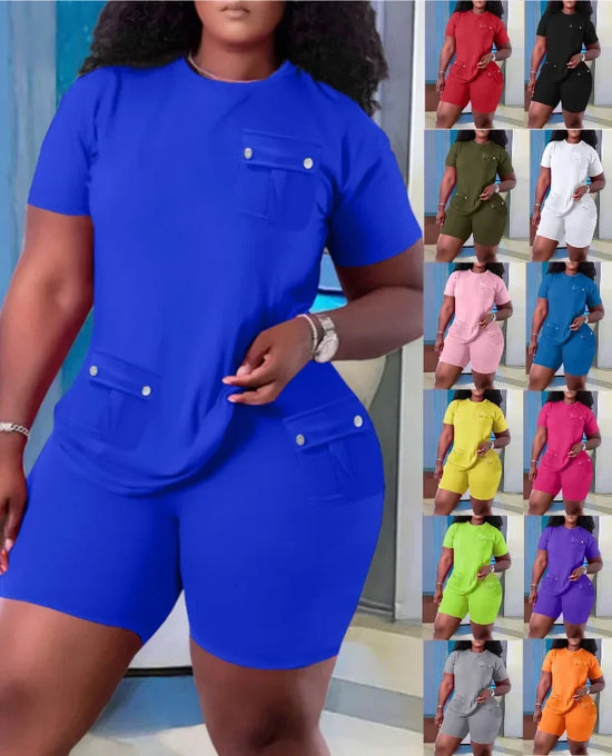 Women Two Piece Shorts Sets Solid Round Neck T Shirts Pockets Elastic Waist Short Trousers Suits Leisure Ladies 2025 Summer - Lena & Miles Exquisite Boutique LLC.