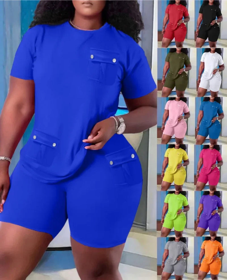 Women Two Piece Shorts Sets Solid Round Neck T Shirts Pockets Elastic Waist Short Trousers Suits Leisure Ladies 2025 Summer - Lena & Miles Exquisite Boutique LLC.