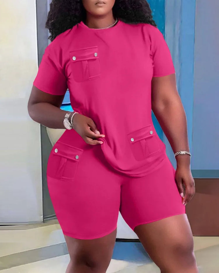 Women Two Piece Shorts Sets Solid Round Neck T Shirts Pockets Elastic Waist Short Trousers Suits Leisure Ladies 2025 Summer - Lena & Miles Exquisite Boutique LLC.