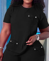Women Two Piece Shorts Sets Solid Round Neck T Shirts Pockets Elastic Waist Short Trousers Suits Leisure Ladies 2025 Summer - Lena & Miles Exquisite Boutique LLC.