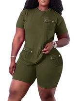Women Two Piece Shorts Sets Solid Round Neck T Shirts Pockets Elastic Waist Short Trousers Suits Leisure Ladies 2025 Summer - Lena & Miles Exquisite Boutique LLC.