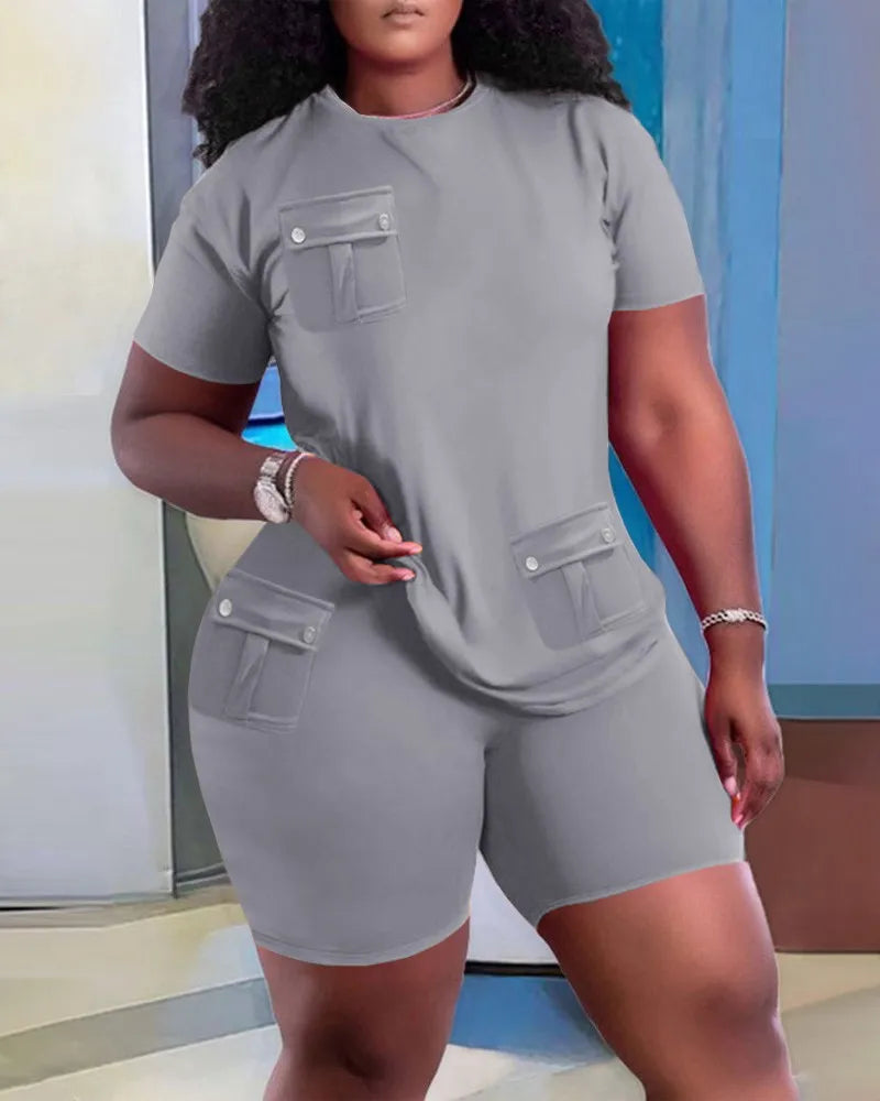 Women Two Piece Shorts Sets Solid Round Neck T Shirts Pockets Elastic Waist Short Trousers Suits Leisure Ladies 2025 Summer - Lena & Miles Exquisite Boutique LLC.