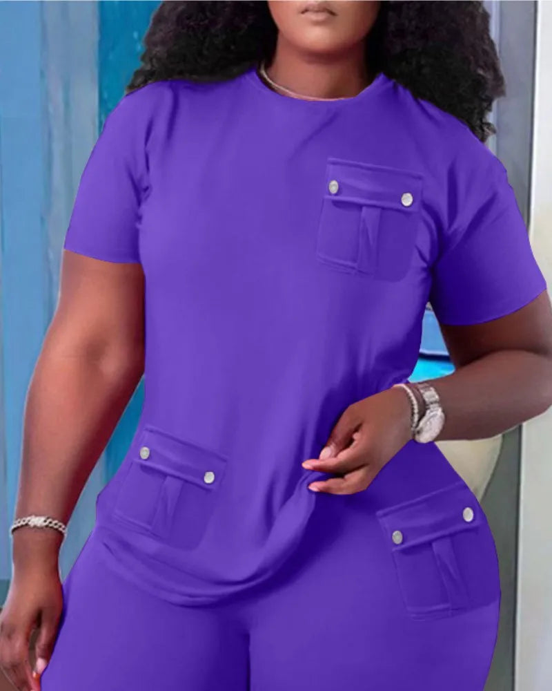 Women Two Piece Shorts Sets Solid Round Neck T Shirts Pockets Elastic Waist Short Trousers Suits Leisure Ladies 2025 Summer - Lena & Miles Exquisite Boutique LLC.