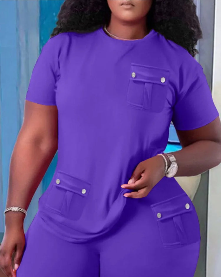 Women Two Piece Shorts Sets Solid Round Neck T Shirts Pockets Elastic Waist Short Trousers Suits Leisure Ladies 2025 Summer - Lena & Miles Exquisite Boutique LLC.