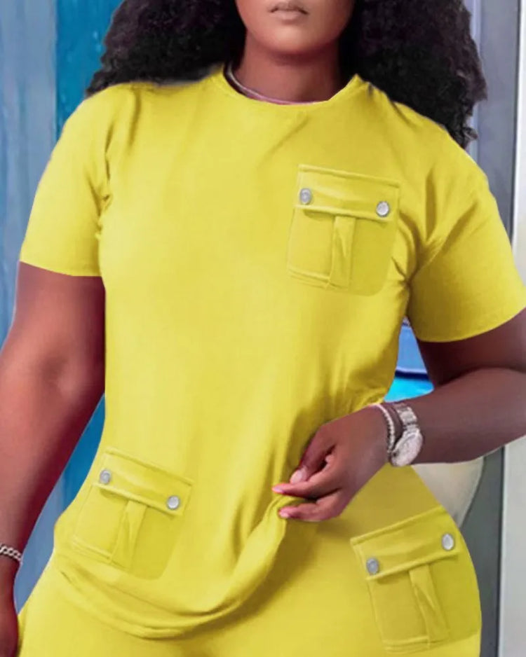 Women Two Piece Shorts Sets Solid Round Neck T Shirts Pockets Elastic Waist Short Trousers Suits Leisure Ladies 2025 Summer - Lena & Miles Exquisite Boutique LLC.