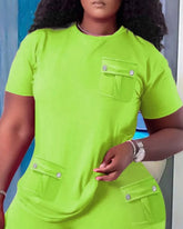 Women Two Piece Shorts Sets Solid Round Neck T Shirts Pockets Elastic Waist Short Trousers Suits Leisure Ladies 2025 Summer - Lena & Miles Exquisite Boutique LLC.