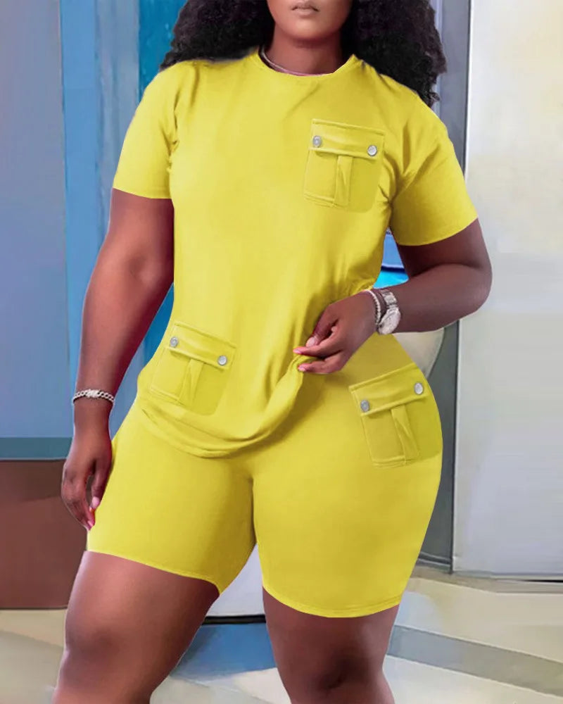 Women Two Piece Shorts Sets Solid Round Neck T Shirts Pockets Elastic Waist Short Trousers Suits Leisure Ladies 2025 Summer - Lena & Miles Exquisite Boutique LLC.