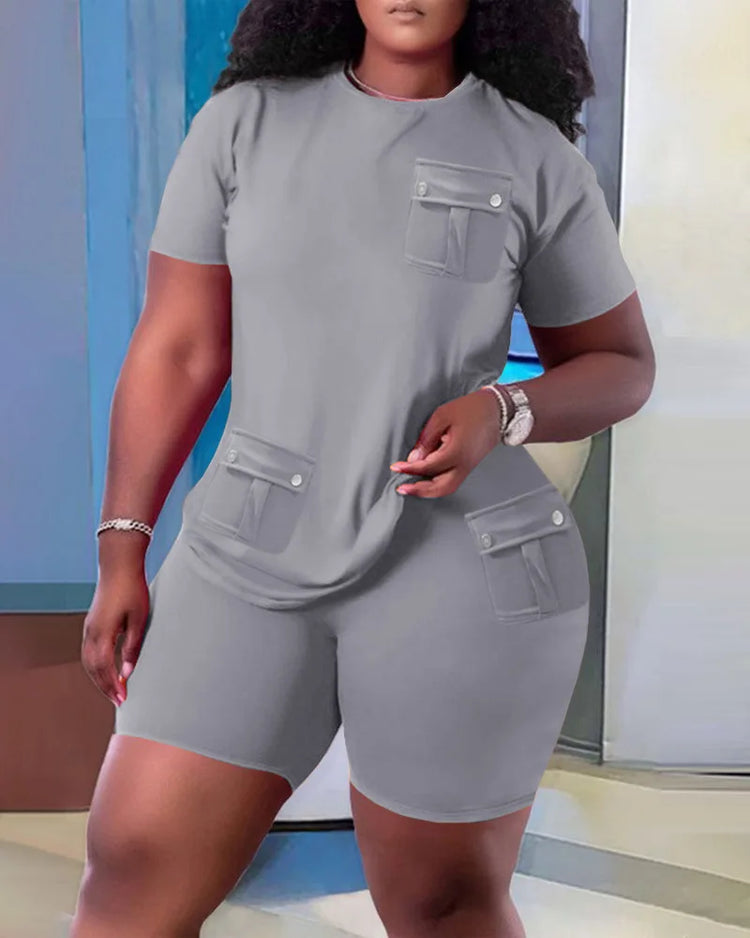 Women Two Piece Shorts Sets Solid Round Neck T Shirts Pockets Elastic Waist Short Trousers Suits Leisure Ladies 2025 Summer - Lena & Miles Exquisite Boutique LLC.