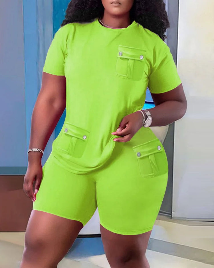 Women Two Piece Shorts Sets Solid Round Neck T Shirts Pockets Elastic Waist Short Trousers Suits Leisure Ladies 2025 Summer - Lena & Miles Exquisite Boutique LLC.