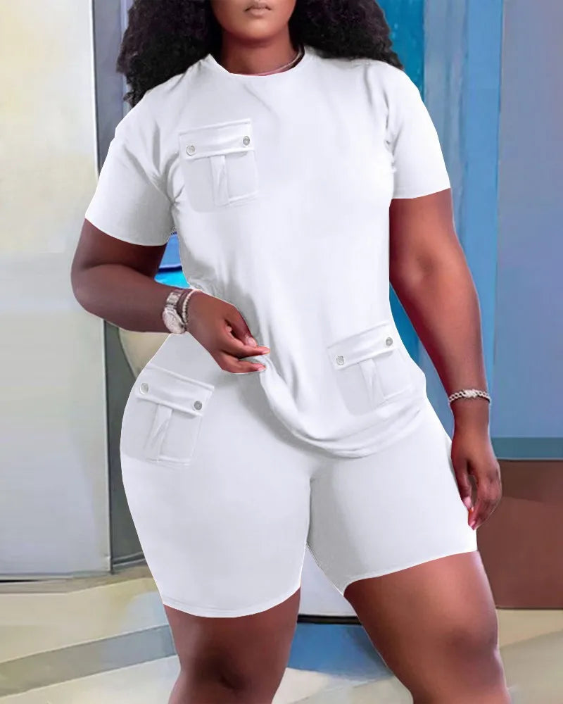 Women Two Piece Shorts Sets Solid Round Neck T Shirts Pockets Elastic Waist Short Trousers Suits Leisure Ladies 2025 Summer - Lena & Miles Exquisite Boutique LLC.