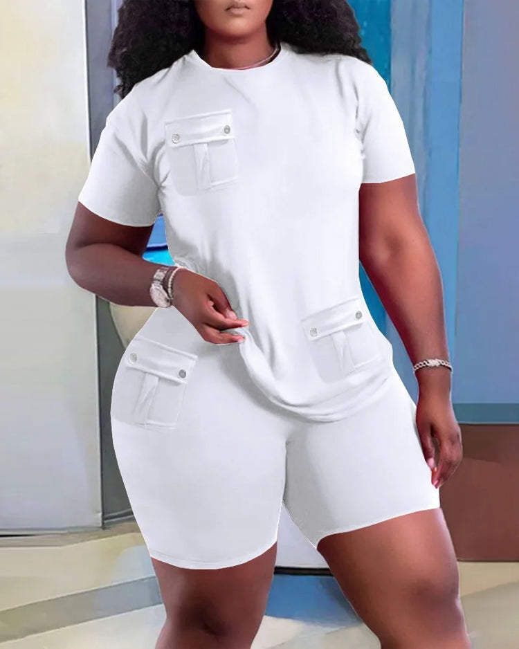 Women Two Piece Shorts Sets Solid Round Neck T Shirts Pockets Elastic Waist Short Trousers Suits Leisure Ladies 2025 Summer - Lena & Miles Exquisite Boutique LLC.