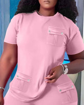 Women Two Piece Shorts Sets Solid Round Neck T Shirts Pockets Elastic Waist Short Trousers Suits Leisure Ladies 2025 Summer - Lena & Miles Exquisite Boutique LLC.