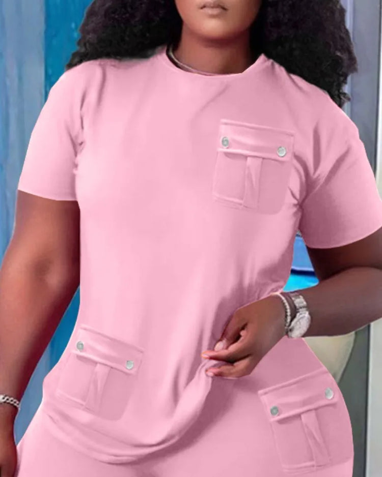 Women Two Piece Shorts Sets Solid Round Neck T Shirts Pockets Elastic Waist Short Trousers Suits Leisure Ladies 2025 Summer - Lena & Miles Exquisite Boutique LLC.