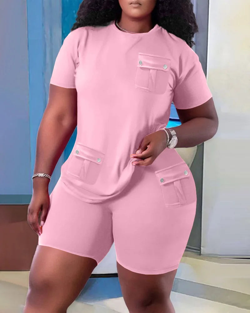 Women Two Piece Shorts Sets Solid Round Neck T Shirts Pockets Elastic Waist Short Trousers Suits Leisure Ladies 2025 Summer - Lena & Miles Exquisite Boutique LLC.