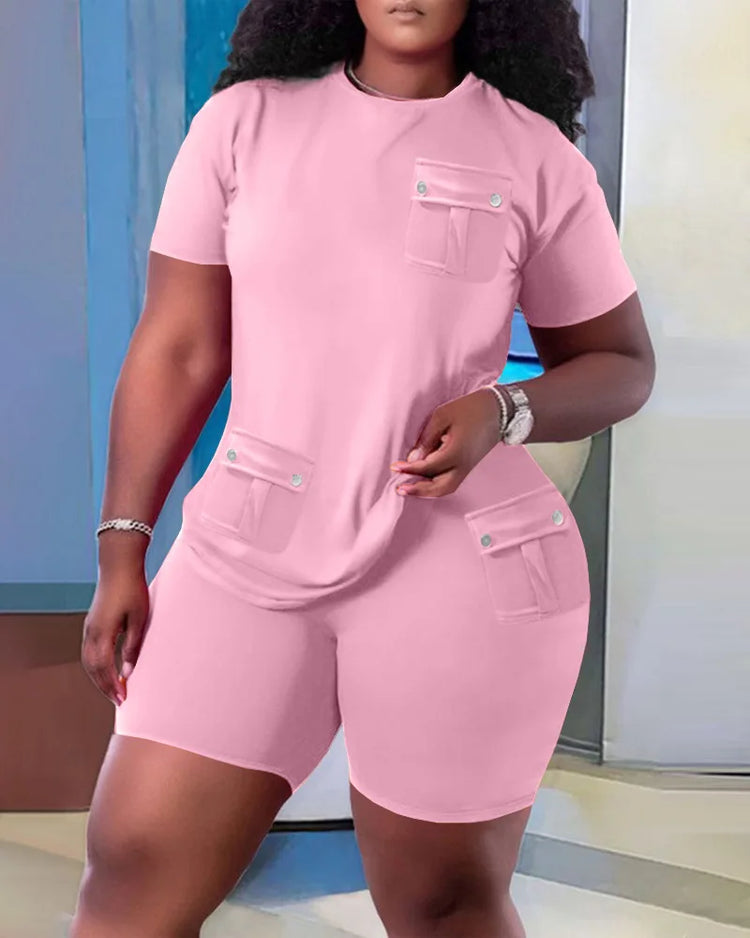 Women Two Piece Shorts Sets Solid Round Neck T Shirts Pockets Elastic Waist Short Trousers Suits Leisure Ladies 2025 Summer - Lena & Miles Exquisite Boutique LLC.