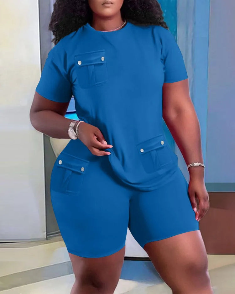 Women Two Piece Shorts Sets Solid Round Neck T Shirts Pockets Elastic Waist Short Trousers Suits Leisure Ladies 2025 Summer - Lena & Miles Exquisite Boutique LLC.