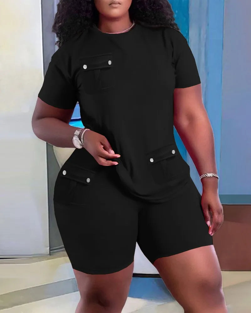 Women Two Piece Shorts Sets Solid Round Neck T Shirts Pockets Elastic Waist Short Trousers Suits Leisure Ladies 2025 Summer - Lena & Miles Exquisite Boutique LLC.