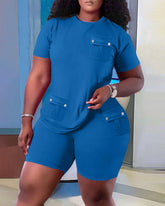 Women Two Piece Shorts Sets Solid Round Neck T Shirts Pockets Elastic Waist Short Trousers Suits Leisure Ladies 2025 Summer - Lena & Miles Exquisite Boutique LLC.