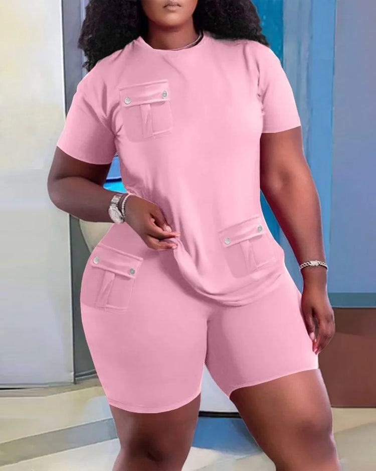 Women Two Piece Shorts Sets Solid Round Neck T Shirts Pockets Elastic Waist Short Trousers Suits Leisure Ladies 2025 Summer - Lena & Miles Exquisite Boutique LLC.
