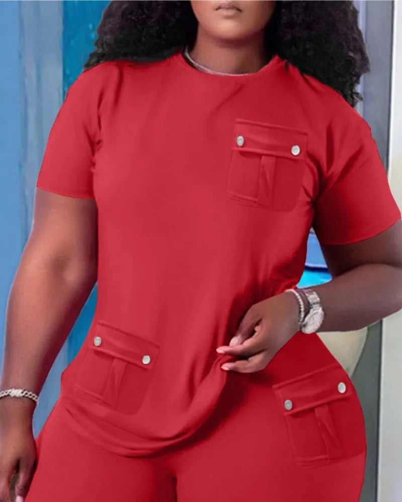 Women Two Piece Shorts Sets Solid Round Neck T Shirts Pockets Elastic Waist Short Trousers Suits Leisure Ladies 2025 Summer - Lena & Miles Exquisite Boutique LLC.