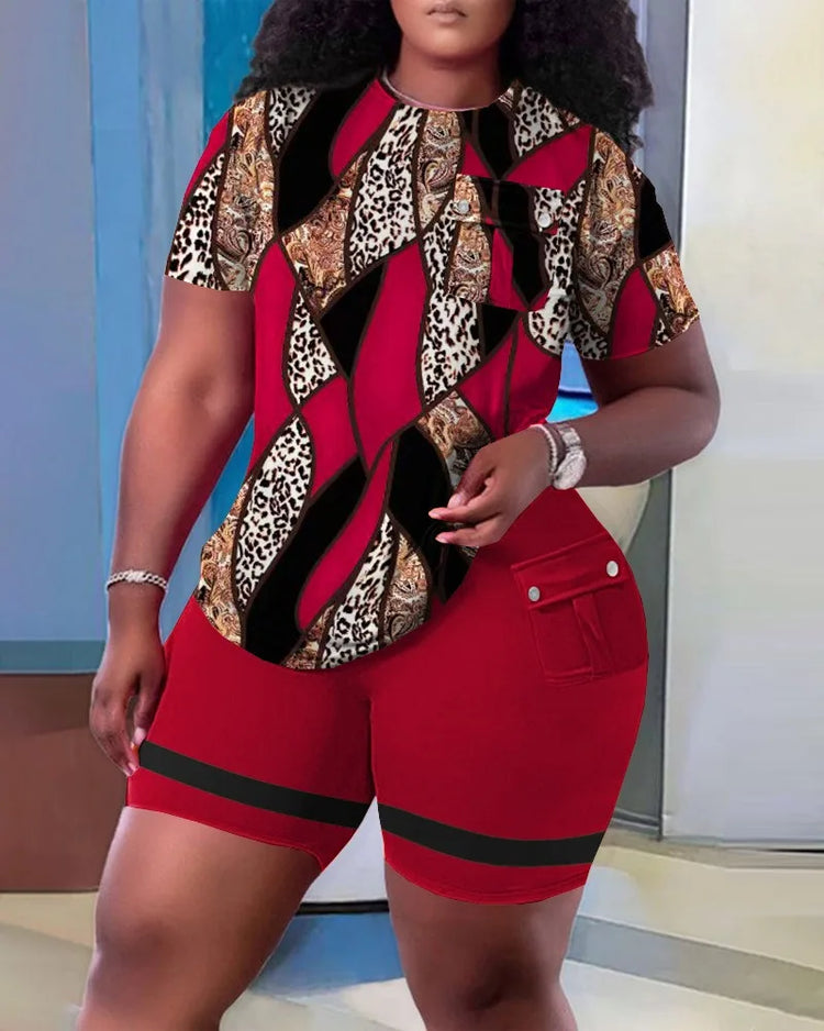 Women Two Piece Shorts Sets Solid Round Neck T Shirts Pockets Elastic Waist Short Trousers Suits Leisure Ladies 2025 Summer - Lena & Miles Exquisite Boutique LLC.