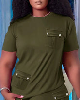 Women Two Piece Shorts Sets Solid Round Neck T Shirts Pockets Elastic Waist Short Trousers Suits Leisure Ladies 2025 Summer - Lena & Miles Exquisite Boutique LLC.