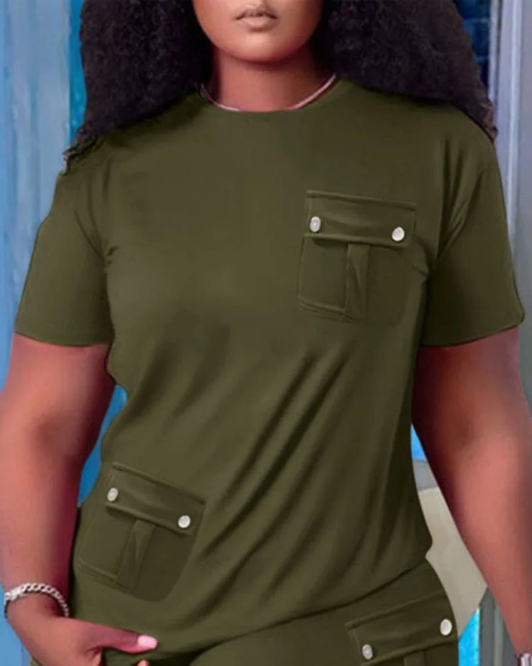 Women Two Piece Shorts Sets Solid Round Neck T Shirts Pockets Elastic Waist Short Trousers Suits Leisure Ladies 2025 Summer - Lena & Miles Exquisite Boutique LLC.