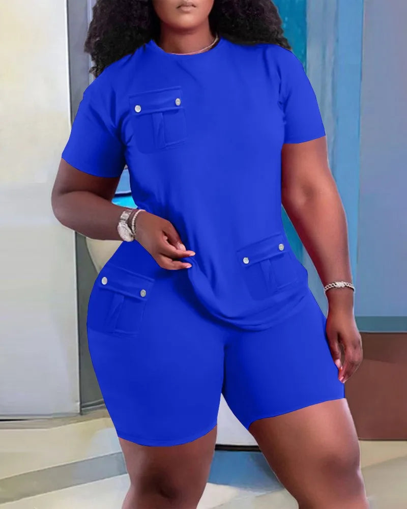 Women Two Piece Shorts Sets Solid Round Neck T Shirts Pockets Elastic Waist Short Trousers Suits Leisure Ladies 2025 Summer - Lena & Miles Exquisite Boutique LLC.