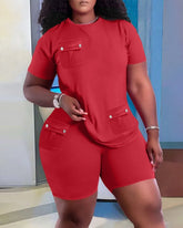 Women Two Piece Shorts Sets Solid Round Neck T Shirts Pockets Elastic Waist Short Trousers Suits Leisure Ladies 2025 Summer - Lena & Miles Exquisite Boutique LLC.