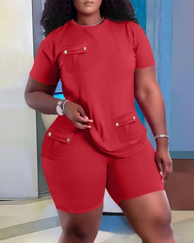 Women Two Piece Shorts Sets Solid Round Neck T Shirts Pockets Elastic Waist Short Trousers Suits Leisure Ladies 2025 Summer - Lena & Miles Exquisite Boutique LLC.