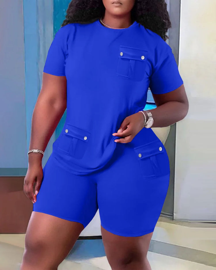 Women Two Piece Shorts Sets Solid Round Neck T Shirts Pockets Elastic Waist Short Trousers Suits Leisure Ladies 2025 Summer - Lena & Miles Exquisite Boutique LLC.