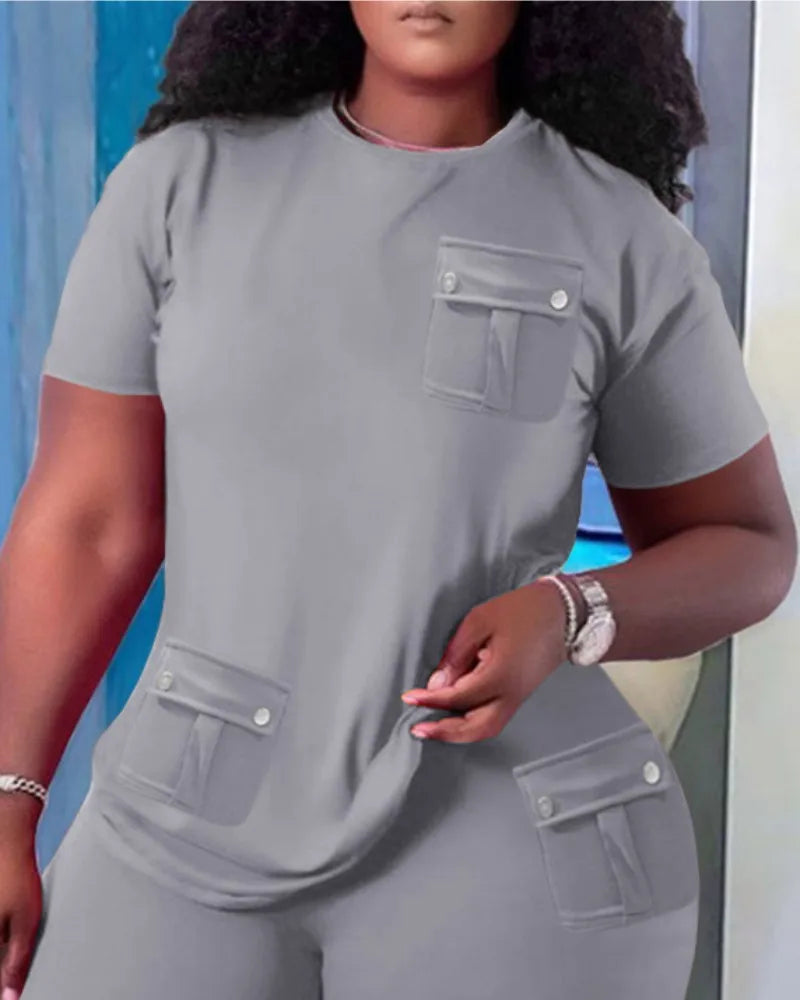 Women Two Piece Shorts Sets Solid Round Neck T Shirts Pockets Elastic Waist Short Trousers Suits Leisure Ladies 2025 Summer - Lena & Miles Exquisite Boutique LLC.