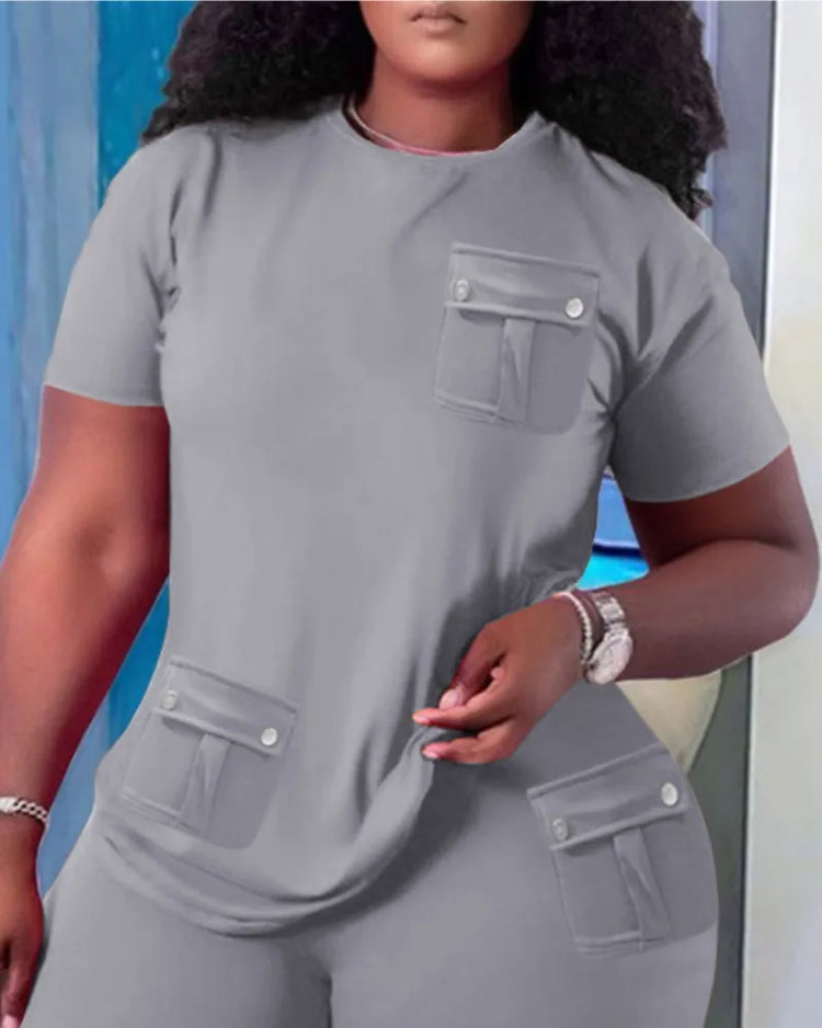 Women Two Piece Shorts Sets Solid Round Neck T Shirts Pockets Elastic Waist Short Trousers Suits Leisure Ladies 2025 Summer - Lena & Miles Exquisite Boutique LLC.